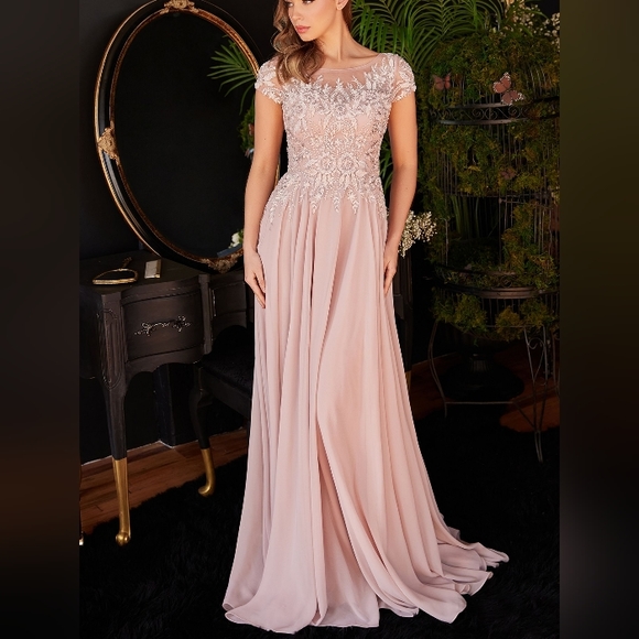 Cap Sleeves Long Dresses with Lace Bodice Pearl Pink